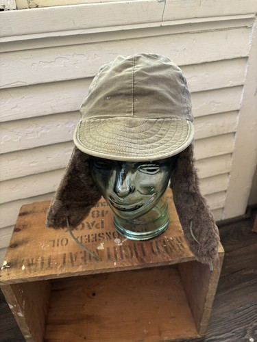 Vintage Cap Field Pile Size 6 3/4 Korean War US Hat Winter Wool OD M-Q1 1950s - Picture 3 of 16