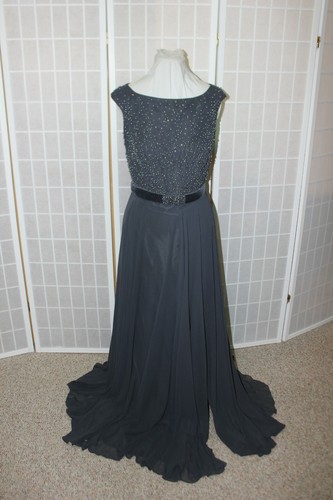 NWT Size 14 Montage by Mon Cheri 215903 Charcoal Velvet & chiffon beaded gown