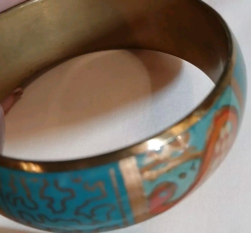 Vintage Brass Metal Colorful Enamel Bangle Bracelet Paisley - Picture 3 of 11
