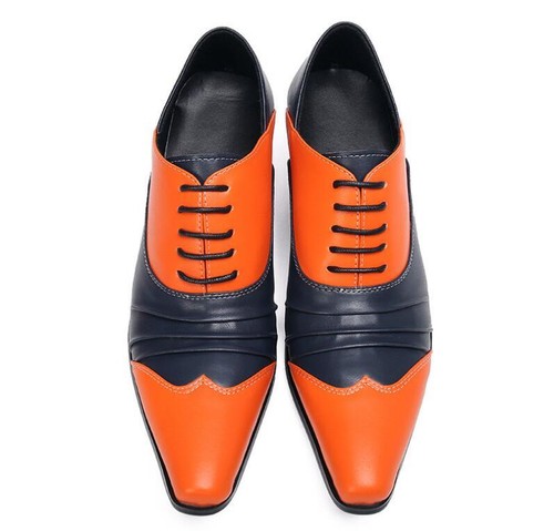 Men's Fashion British Pointy Toe Lace Up Color Matching Leather Shoes High Heels - Picture 6 of 8