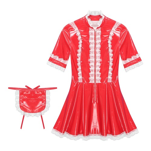Womens PVC Leather French Maid Costumes Lace Trim Short Sleeves Mini Dress - Picture 15 of 45