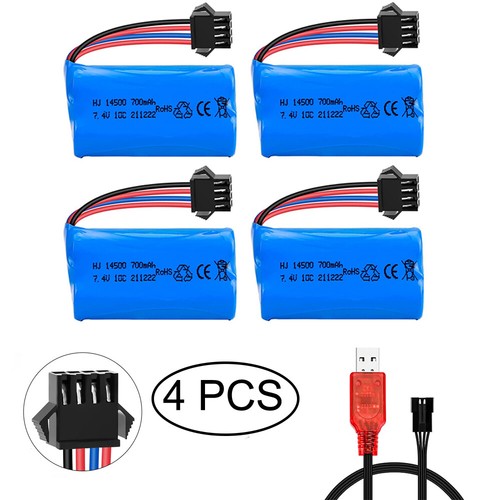 4pcs 7.4V 700mAh Li-ion Battery SM-4P plug with USB Charger for RC Car RC Boat