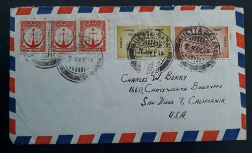 SCARCE 1958 Pakistan Airmail Cover ties 5 stamps cancelled Quetta to USA - Picture 1 of 2