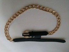 INC International Concepts Smooth Black Tabs W/Gold Tone Chain Link Belt, S T  