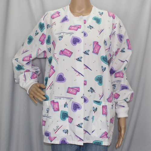 Hearts Long Sleeve Scrub Jacket Medium Working Scrubs by White Swan Hugs Kisses - Picture 1 of 12