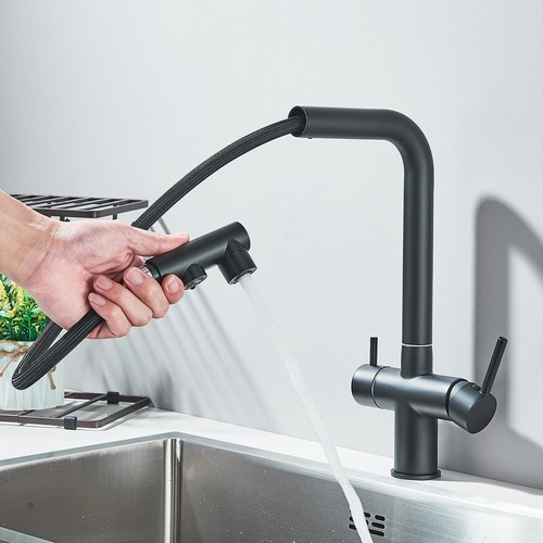 Schwarz 3 Wege Wasserhahn Ausziehbar Küchenarmatur Wasserfilter Trinkwasser - Picture 2 of 11