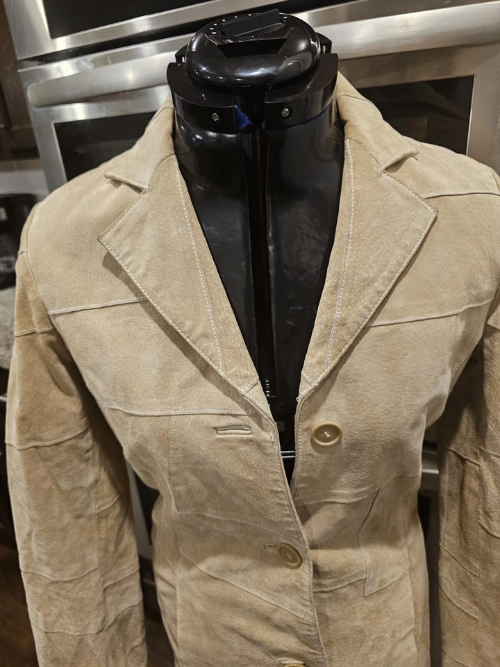 罕见复古湿封棕色棕褐色皮革麂皮绒拼布风衣冬季外套小号 — 第 3/4 张图片