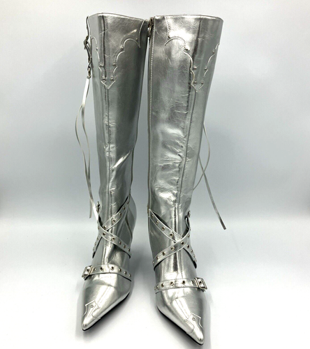 Botas plateadas para mujer talla 11 punta fina tacón alto tiras hasta la rodilla - Imagen 3 de 10