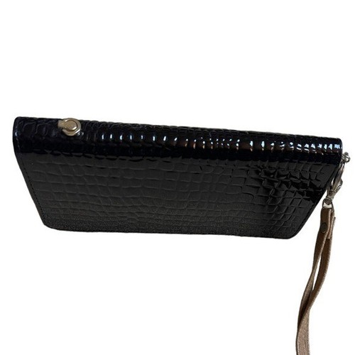Black Faux Crocodile Wristlet Wallet Clutch with Strap and Zip Closure - Picture 3 of 6
