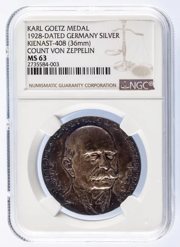 1928 Silver Karl Goetz Medal K #408 Count Von Zeppelin Graded by NGC as MS-63