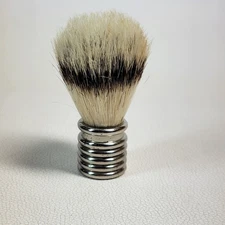 Vtg Natural Bristle Shaving Brush Metal Ribbed Handle 3.5" 