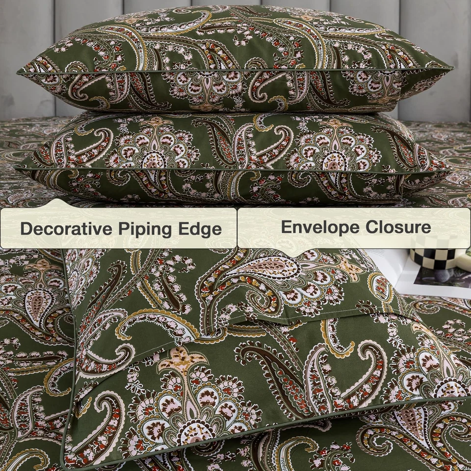 Paisley Print Green Duvet Cover Set Queen Size 3 Pieces, 100% Cotton Percale ... - Image 4 of 4