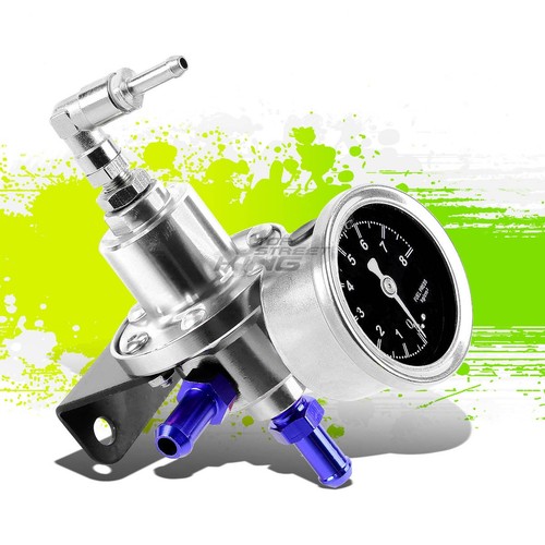 ALUMINUM 160 PSI ADJUSTABLE 1:1 FUEL RAIL PRESSURE REGULATOR+kPa GAUGE SILVER - Picture 1 of 6