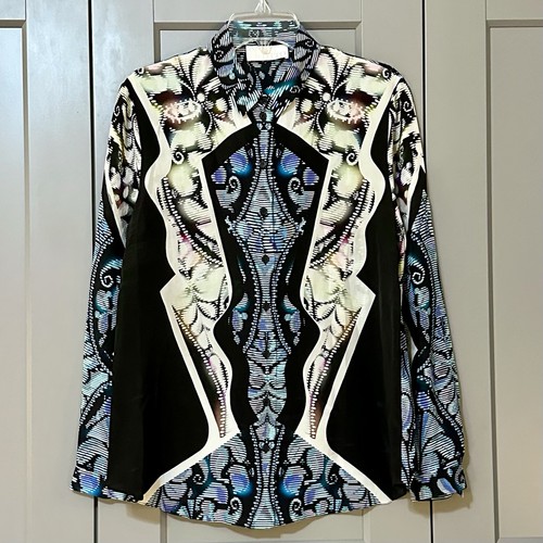 PETER PILOTTO J Silk Button Down Collared Blouse Blue Black Women’s Size US 8 - Picture 1 of 11