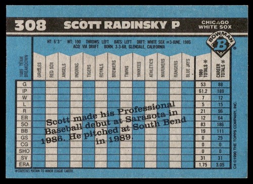 1990 Bowman Scott Radinsky Rookie Chicago White Sox #308 - Picture 2 of 2