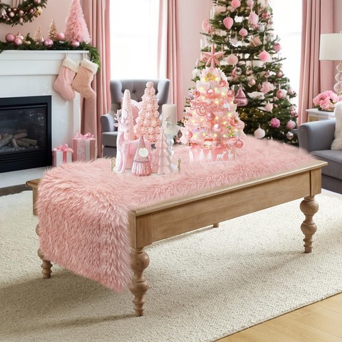 Blush Pink Table Runner Short, 48 inch Pastel Pink Fluffy Faux Fur Dresser Ru... - Picture 1 of 9