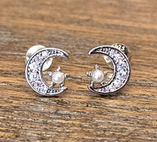 Sterling Silver Moon Star Stud Earrings Dainty Rhodium Plated Faux Pearl CZ