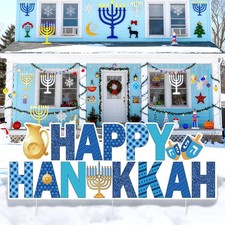 Happy Hanukkah Yard Sign with Stakes Blue Chanukah Decorations