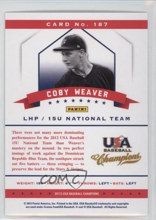 2013 Panini USA Baseball Champions Coby Weaver #187 - Image 2 of 2