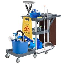 Commercial Janitorial Cleaning Cart on Wheels - Black Housekeeping Caddy with Co