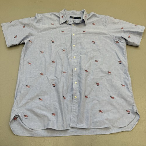Polo Ralph Lauren SS Button Down Shirt Mens M Blue Allover Embroidered Flags PRL