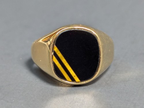 Vintage Uncas Black Onyx Tiger's Eye Stripes Men's Ring 14 KT GE Size 12.5 - Imagen 21 de 21