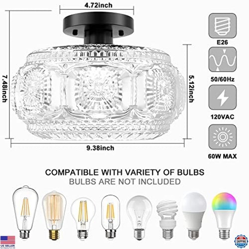 Black Globe Glass Semi Flush Mount Ceiling Light Fixture for Home Decor - Picture 3 of 7