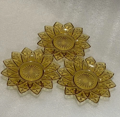 Set of 3 Vintage Amber Depression Glass Sunflower Sunburst Saucer Plates