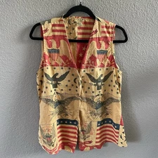Citron Santa Monica Tank Womens Medium Tan Patriotic USA Flag Americana Linen
