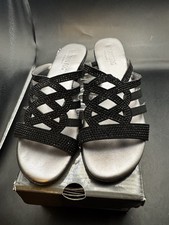 London Fog Ellen Black Sequined Sandals Slide On With 2 Wedge Strappy Work