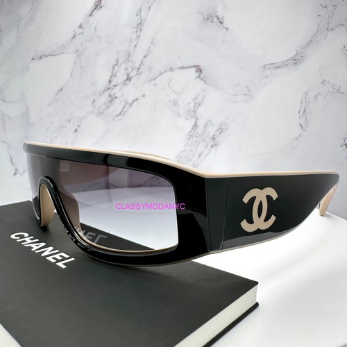 New CHANEL Black & Beige Shield Sunglasses Two Tone CC Logo Wrap CH 6057 - Picture 15 of 24