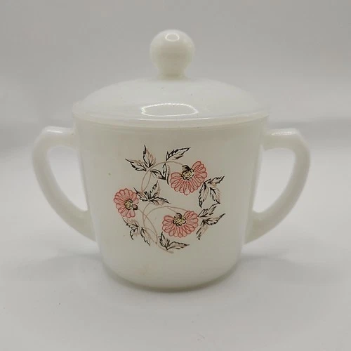Vintage Fire King Milk Glass Floral Sugar Bowl With Lid