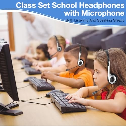  30 Pack Classroom Headphones with Microphone Kids School Student Silver - Picture 5 of 7