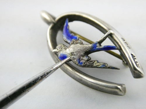 Antique Adie and Lovekin Ltd Sterling Silver Wishbone Enameled Bird Pin AS IS - Picture 3 of 17