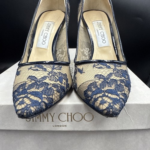Jimmy Choo Romy 100 Azul Marino Encaje Tacones de Aguja Zapatos de Corte Talla EU 37.5 UK 4.5 - Imagen 7 de 13