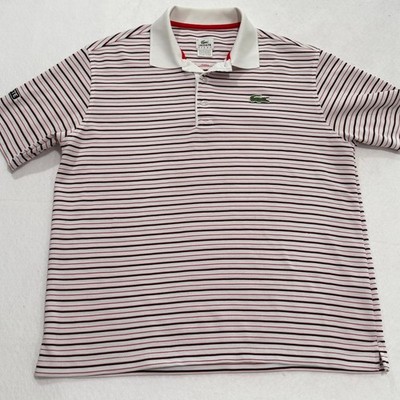 Lacoste Sport Mens Striped Polo Shirt Red Black White Pique Size 5 Vintage Style