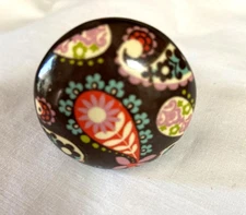 Vintage Drawer Pull Cabinet Knob Brown Multicolor Paisley Print 1.5" x 2.5" L