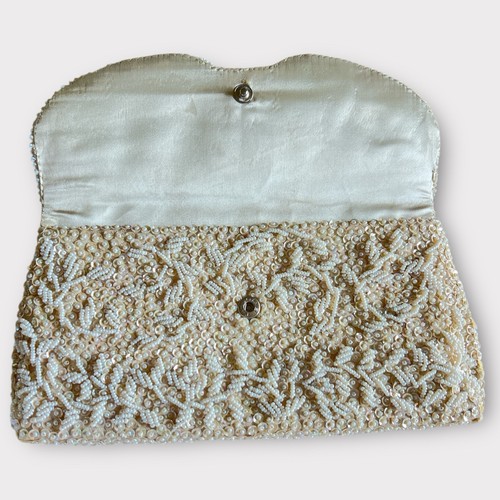 Vintage 60’s Evening Bag Beaded Envelope Ivory Sequined Clutch Hong Kong GUC - Picture 3 of 8