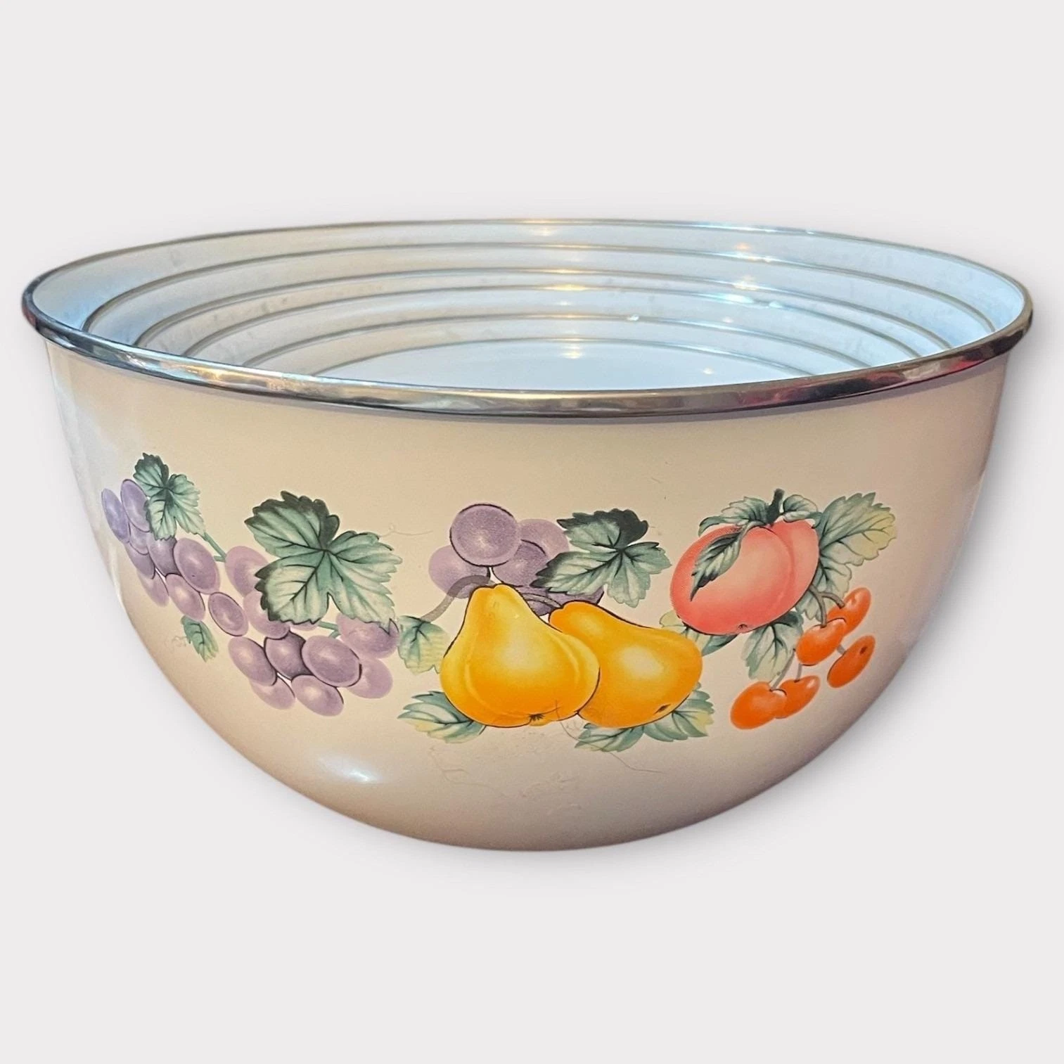 GMI Vintage Enamelware Mixing Bowl Set Fruit & Floral 6 Piece Nesting White