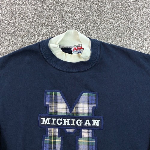 Vintage Michigan Wolverines Sweatshirt Mens Large Navy Blue Crewneck Plaid Logo - Picture 3 of 6