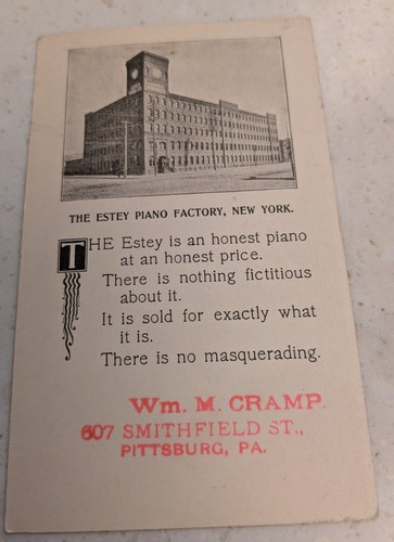 *RAR* VICTORIAN TRADE CARD THE ESTEY PIANO Wm. M. CRAMP PITTSBURG PA. - Bild 1 von 2