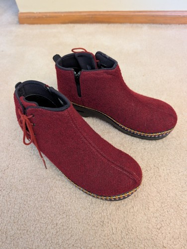 Einmal getragen DanskobFia Wollfilz Stiefeletten Clogs Reißverschluss Spitze nordischer Look weinrot