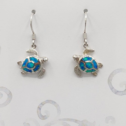 New Solid Sterling Silver 925 Inlaid Blue Opal Sea Turtle Earrings Wire Dangle - Picture 2 of 4
