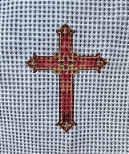 Handpainted Cross Image 5" Tall Needlepoint Fine Pink Rose Burgundy Gold 13 Ct - Picture 1 of 6
