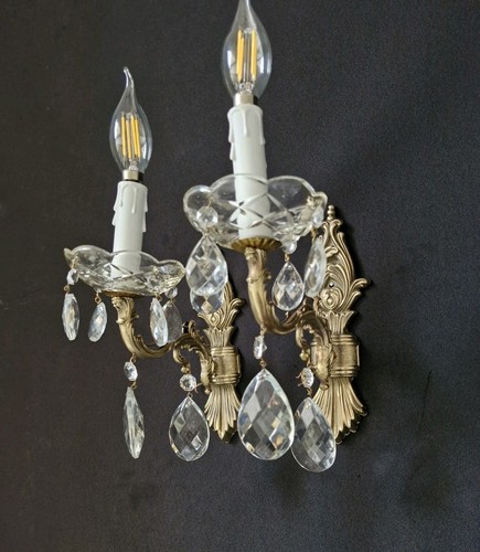 Vintage Antique Pair of French Brass Crystal 1 Light Sconces Wall Lights - Picture 1 of 11