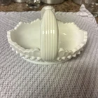 Fenton White Milk Glass Hobnail Oval Split Handle Scalloped Edge Basket 6.5"