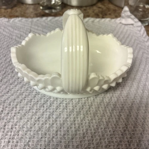 Fenton White Milk Glass Hobnail Oval Split Handle Scalloped Edge Basket 6.5"