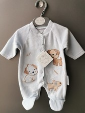 Premature Baby Boys Sleepsuit Romper Blue Velour 'Puppies' 3-5lbs