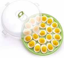 HANSGO Round Deviled Egg Platter and Carrier With Lid - 22 Medium, Green 