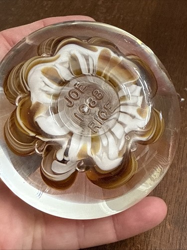 Vintage Joe Rice St. Clair Ribbon Ball Art Glass Amber White Swirl Paperweight - Picture 8 of 15